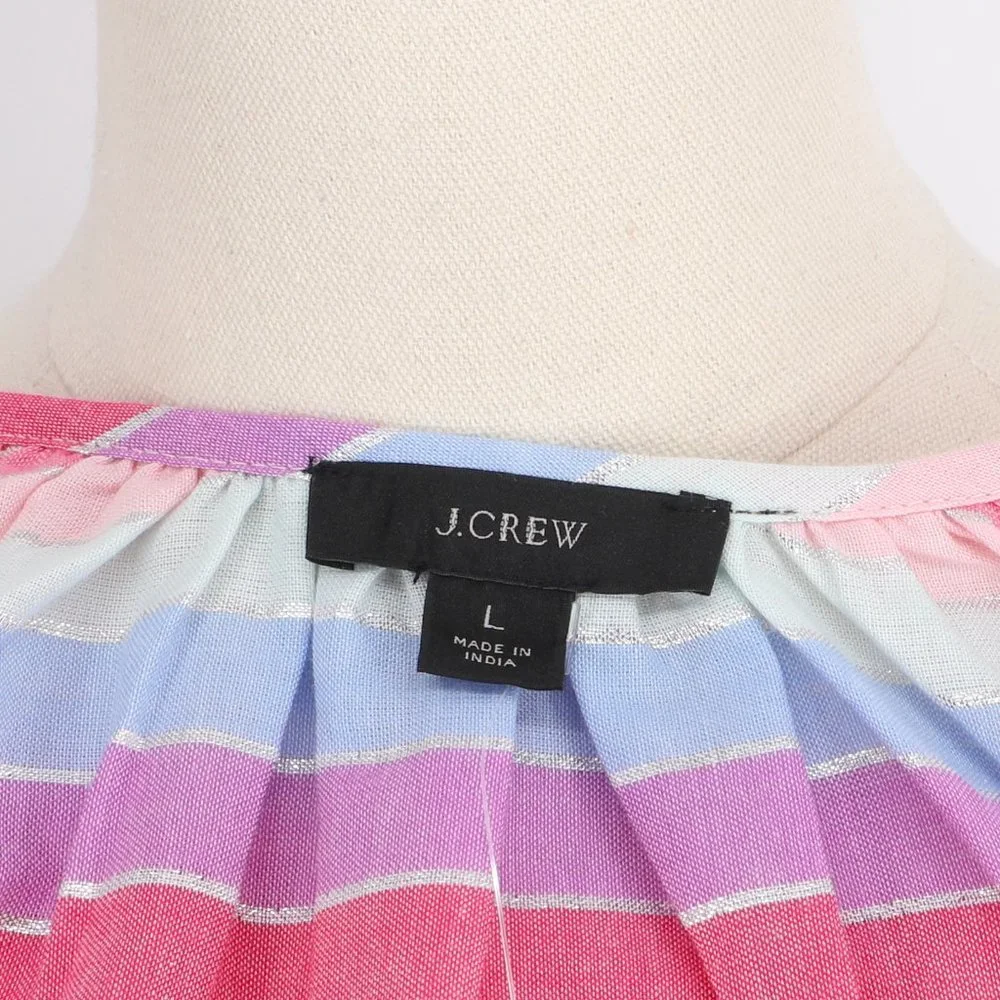 NWT J. Crew Peasant Top in Metallic Pastel Stripe Front Tassel Tie Size L